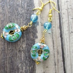 Vintage Authentic Cloisonné 1980’s 24k Gold Plated Earrings in Light Blue Floral